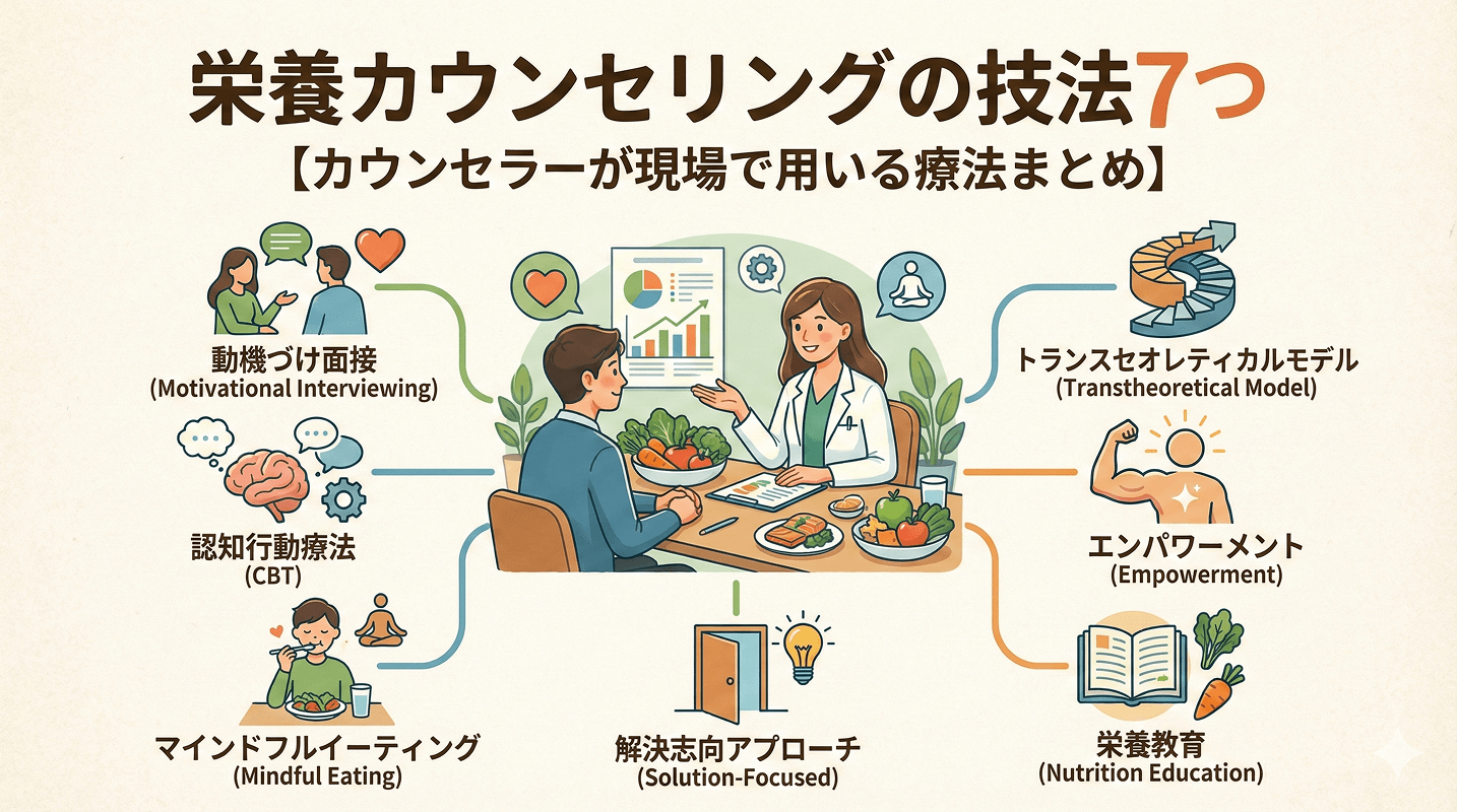 栄養カウンセリングの技法7つ【カウンセラーが現場で用いる療法まとめ】
